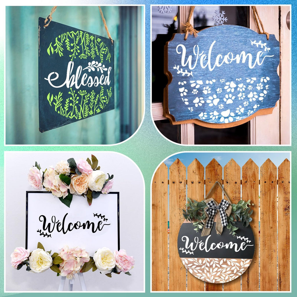 Collage of four decorative signs with 'Welcome' and 'Blessed' text and floral/leaf designs.