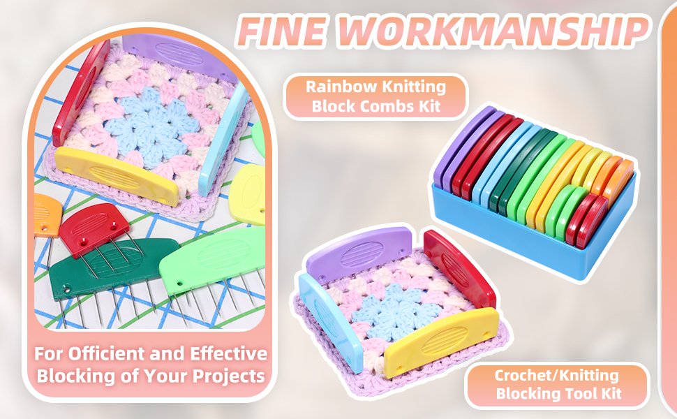 Rainbow knitting blocker combs kit with pins and storage case, showing a crocheted square being blocked.