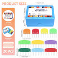Set of 20 rainbow knit blockers in a blue storage case, with individual blockers shown, dimensions provided.