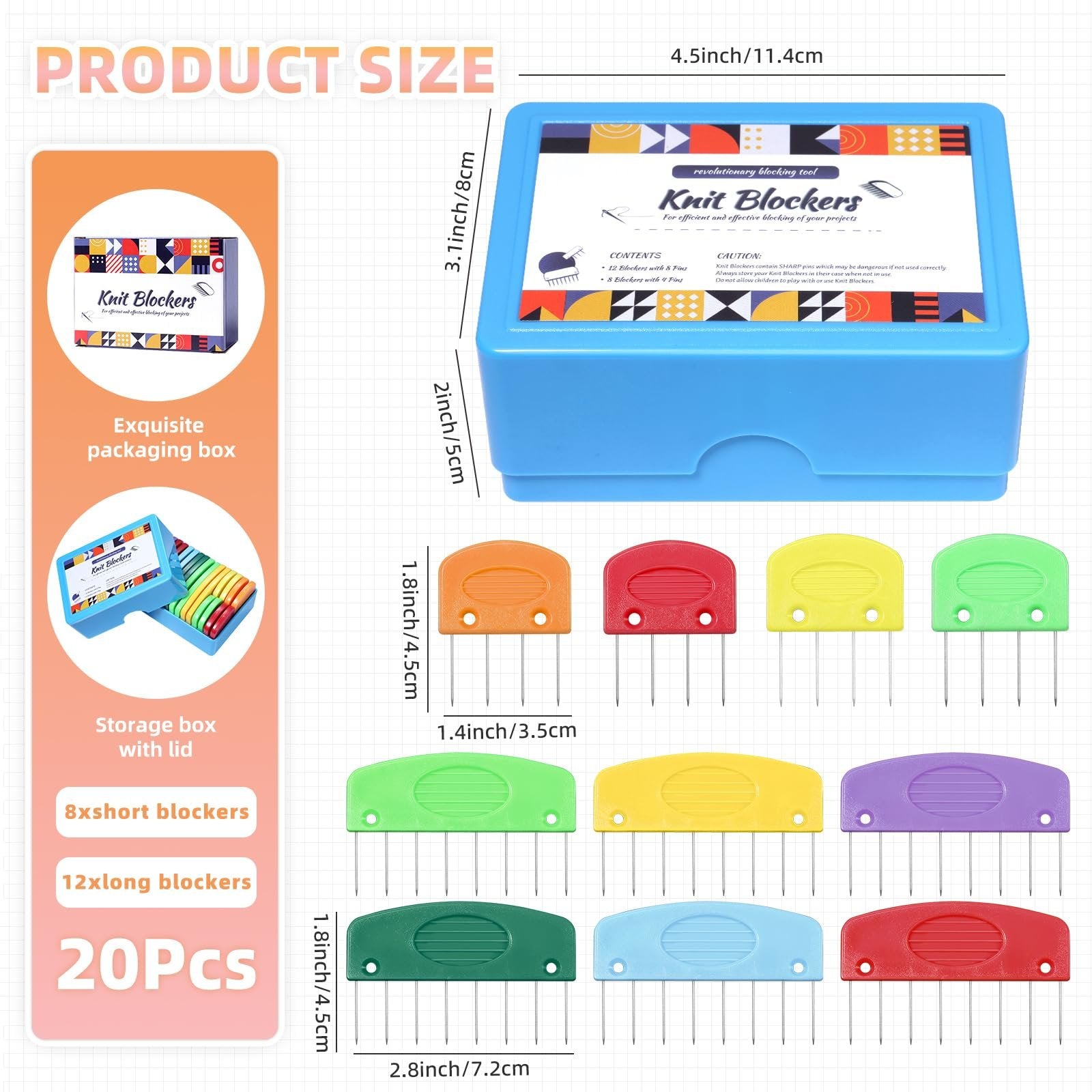 Set of 20 rainbow knit blockers in a blue storage case, with individual blockers shown, dimensions provided.
