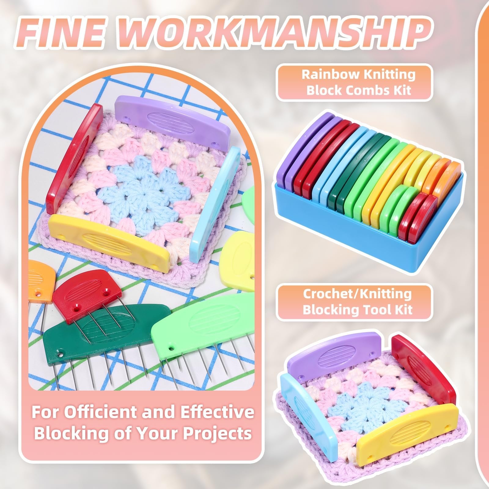 Rainbow knitting blocker combs kit with pins and a storage case, shown with crocheted squares.