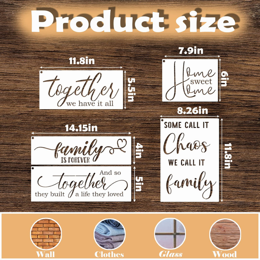 Four stencils with farmhouse phrases and dimensions displayed on a wooden background, with application examples at the bottom.