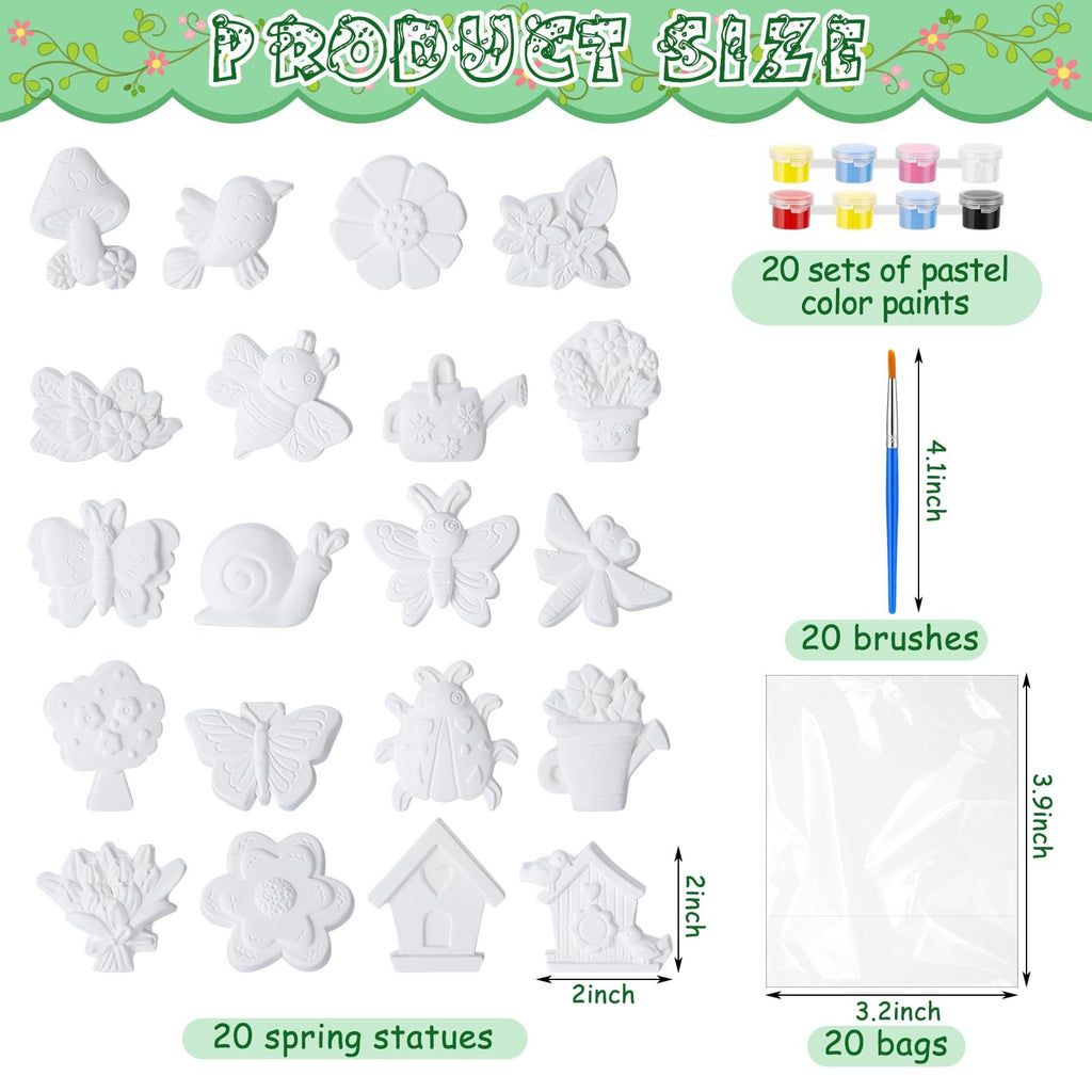 Spring ceramic painting kit contents including unpainted plaster figurines, pastel paints, brushes, and bags with size callouts.