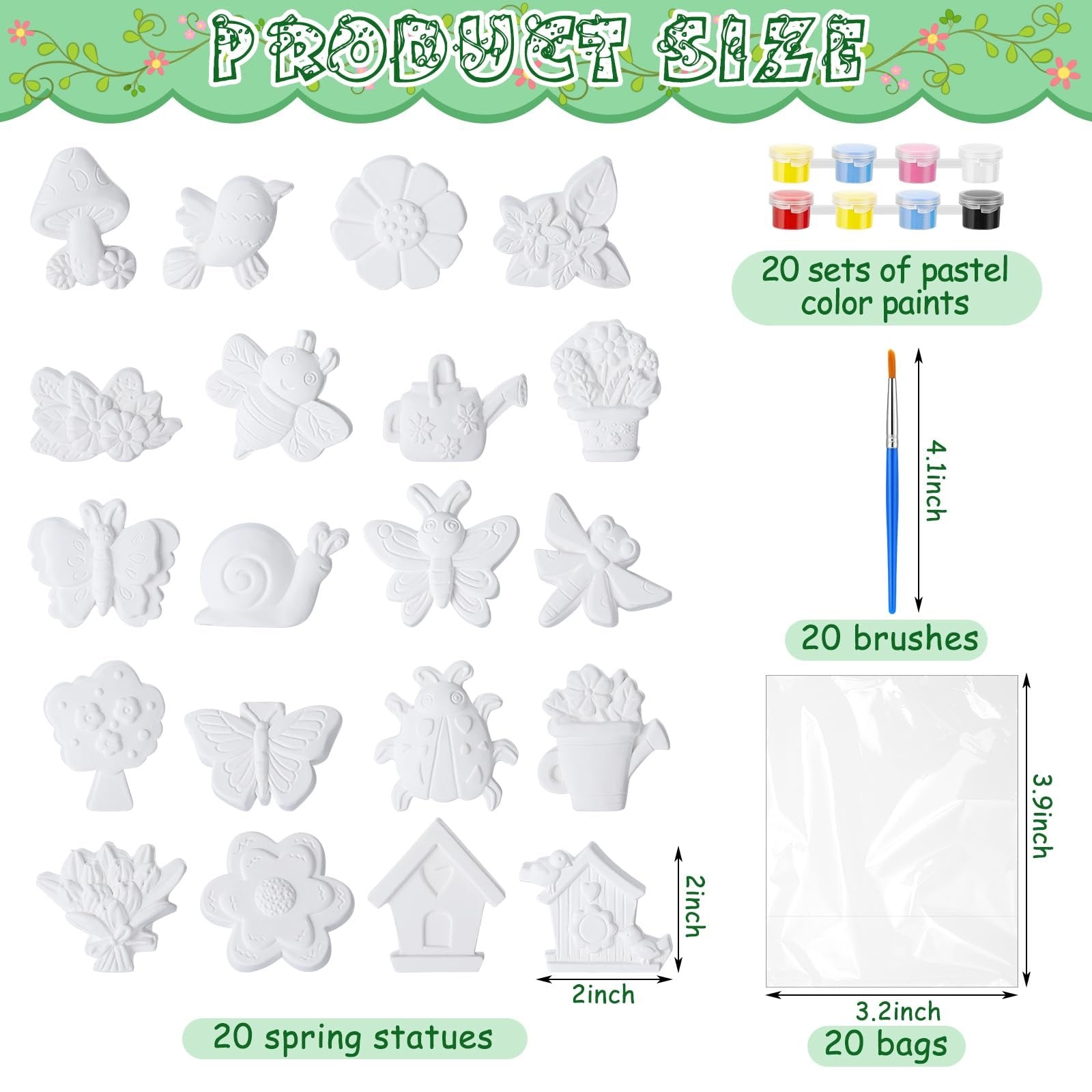 Spring ceramic painting kit contents including unpainted plaster figurines, pastel paints, brushes, and bags with size callouts.