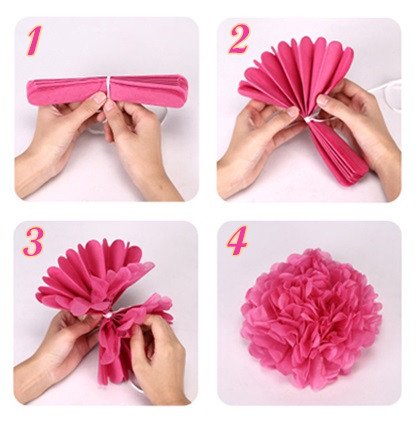 Four-panel image showing steps to assemble a pink tissue paper pom pom. Step 1: folded tissue paper. Step 2: paper fanned out. Step 3: layers being separated. Step 4: finished pom pom.