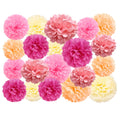 Assortment of 20 tissue paper pom poms in pink, coral, yellow, and peach hues, arranged in a grid pattern.