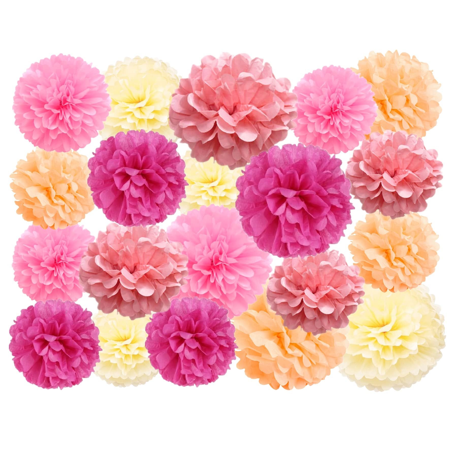 Assortment of 20 tissue paper pom poms in pink, coral, yellow, and peach hues, arranged in a grid pattern.