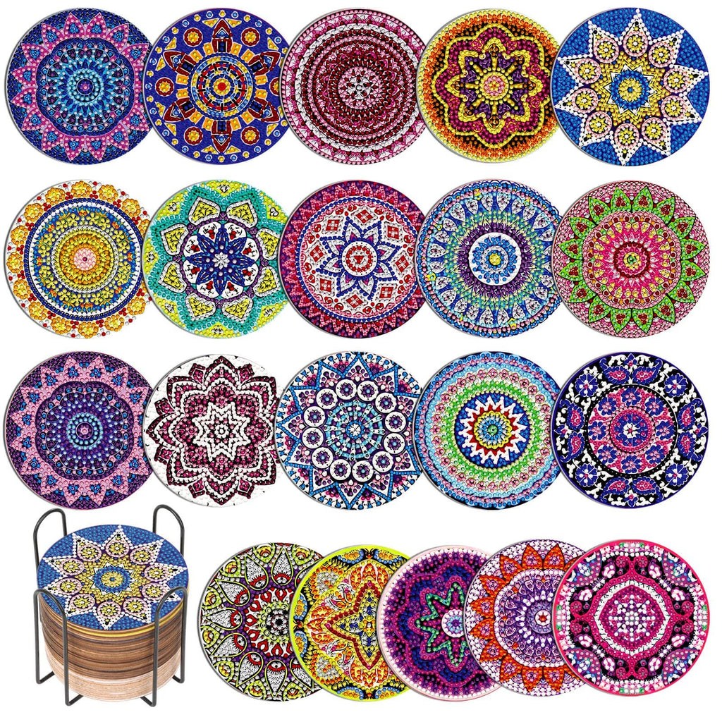Mandala style diamond art painting coasters with holder, 20 pieces shown in various colorful mandala designs.