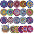 Mandala style diamond art painting coasters with holder, 20 pieces shown in various colorful mandala designs.