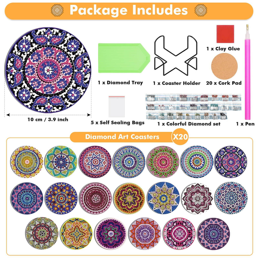 Diamond art coasters kit contents including tray, pen, glue, bags, holder, cork pads, and 20 finished mandala coasters.