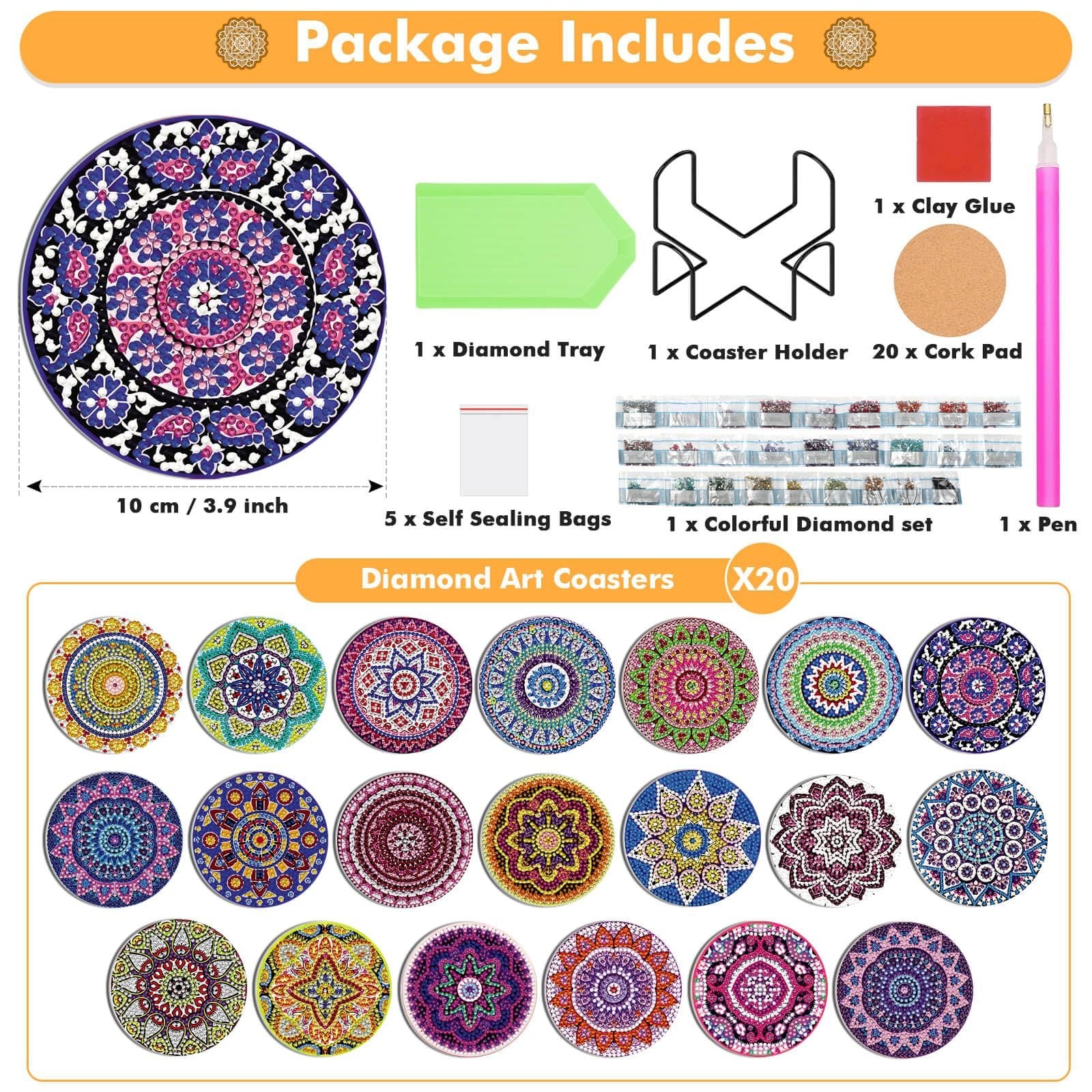 Diamond art coasters kit contents including tray, pen, glue, bags, holder, cork pads, and 20 finished mandala coasters.