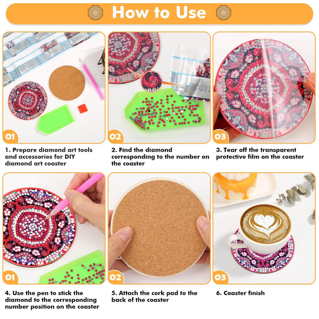 Diamond art coaster kit instructions showing steps from preparing tools to finished coaster with coffee.