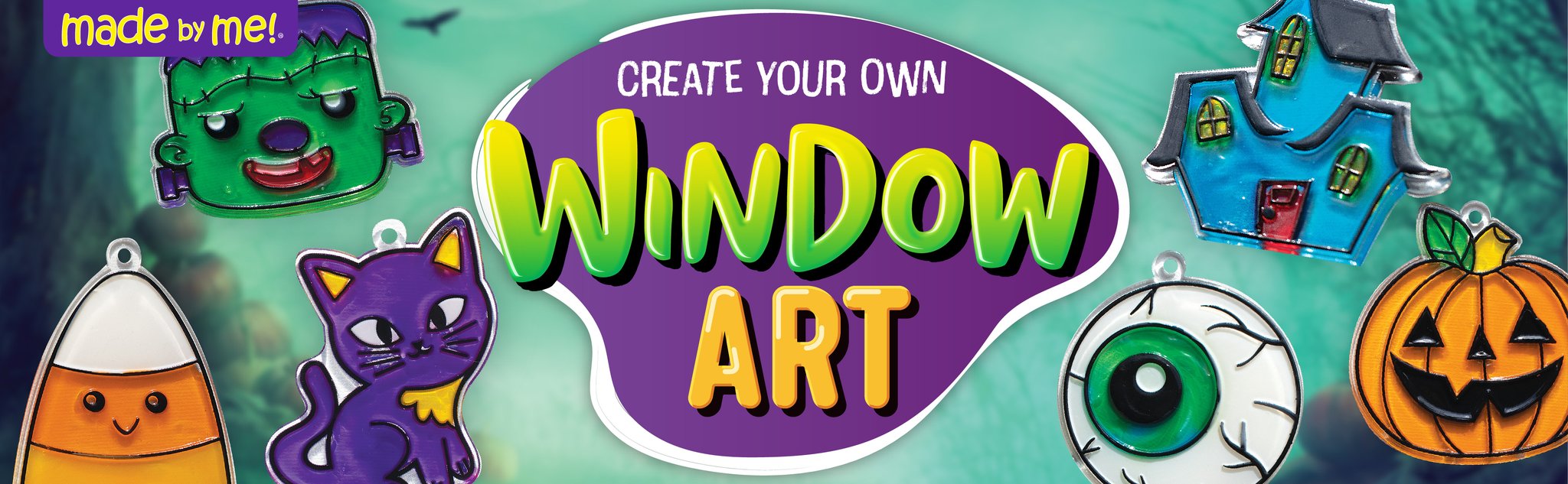 Halloween window art kit featuring candy corn, cat, Frankenstein, haunted house, eyeball, and pumpkin designs.
