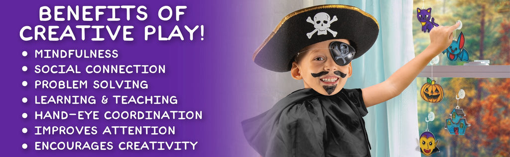 Child dressed as a pirate with Halloween window art hanging on a window, text lists benefits of creative play.