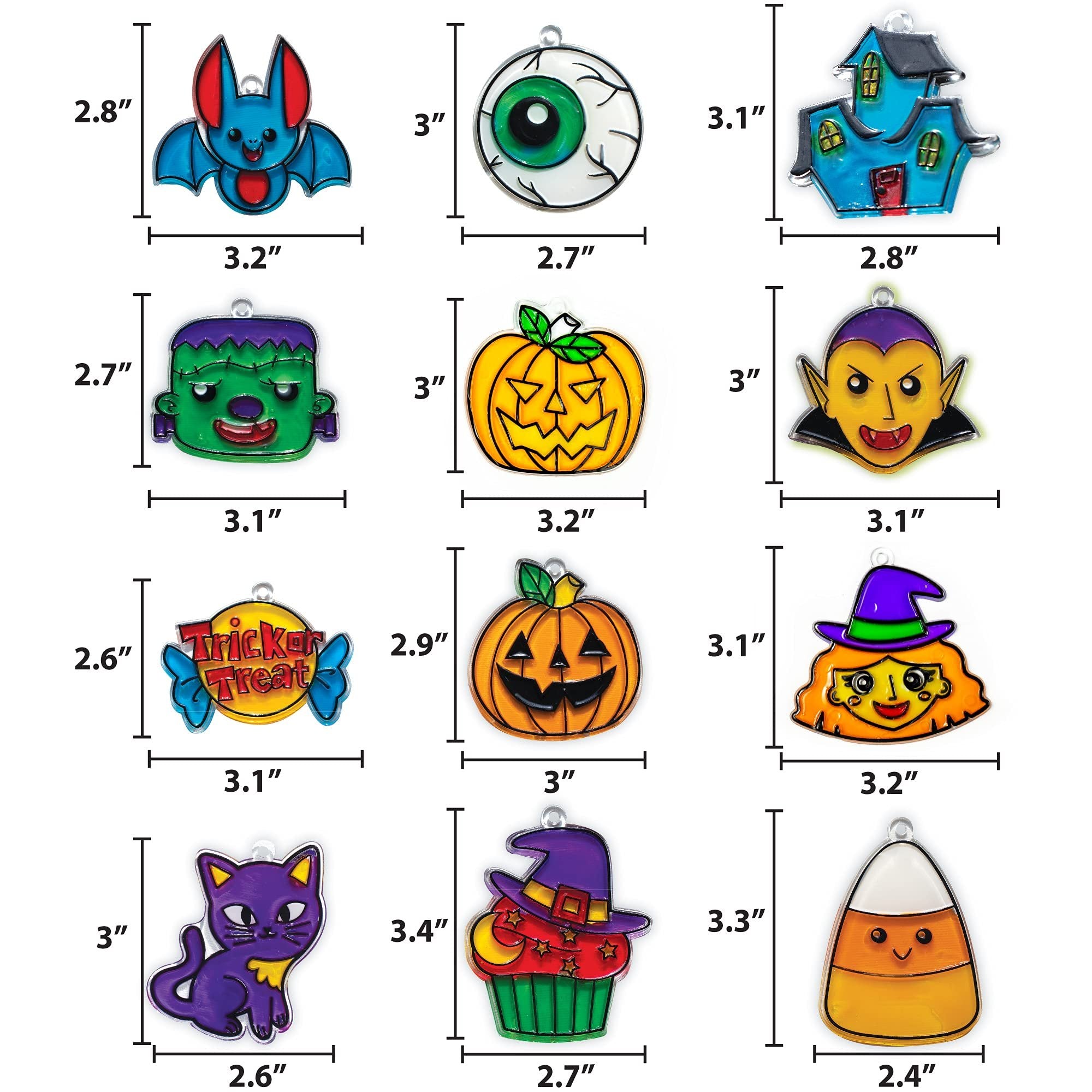 Nine Halloween-themed window art suncatchers including a bat, eyeball, haunted house, Frankenstein, pumpkin, vampire, candy, witch, cat, cupcake, and candy corn, with dimensions shown.