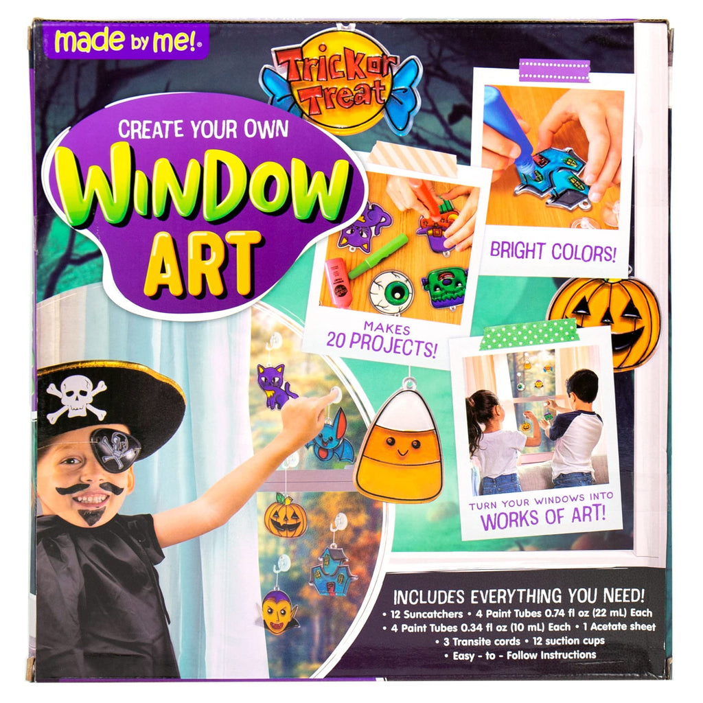 Halloween window art kit box featuring a child in pirate costume and various Halloween-themed suncatchers and project examples.