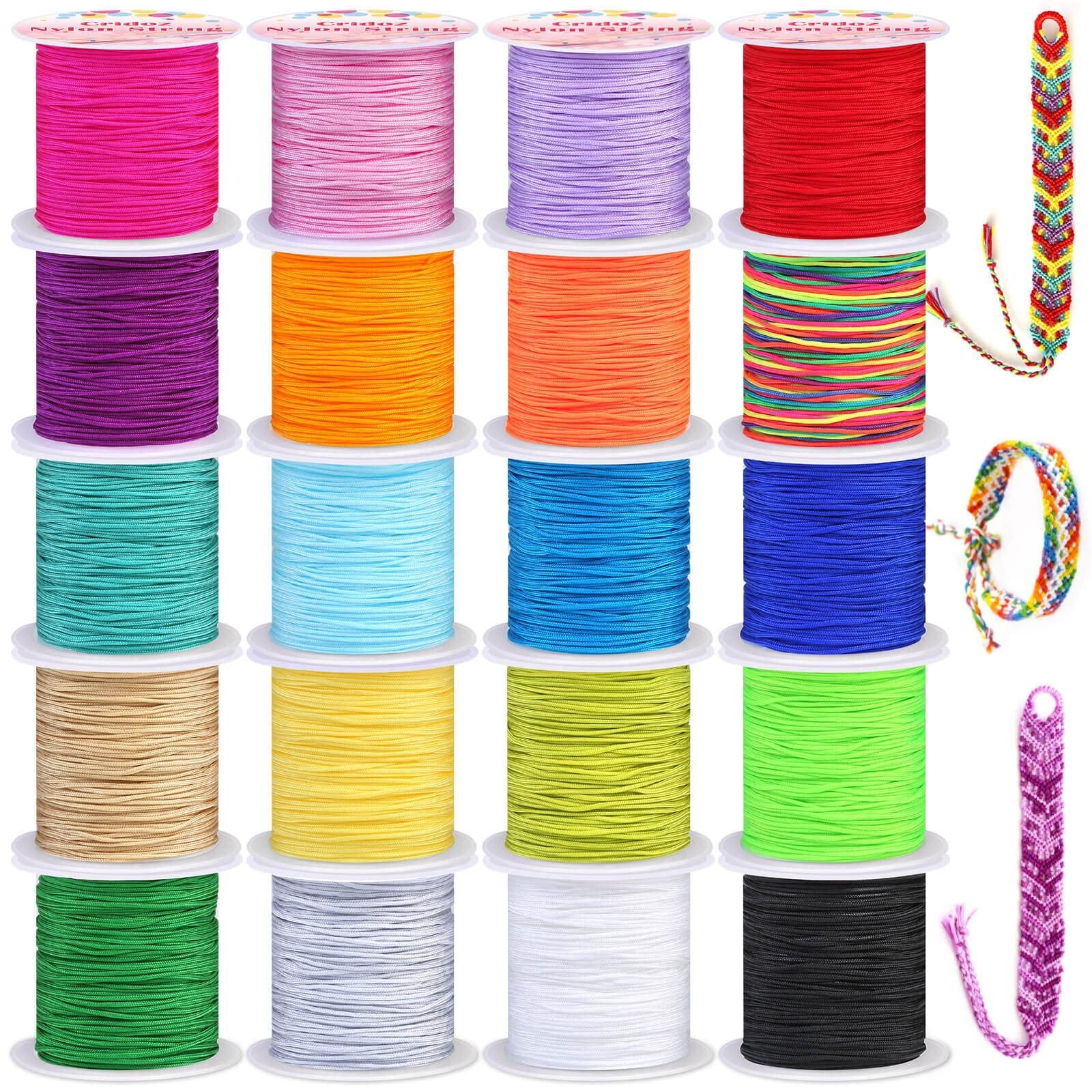 Collection of 20 spools of nylon knotting cord in various colors, with three examples of finished braided bracelets shown to the right.
