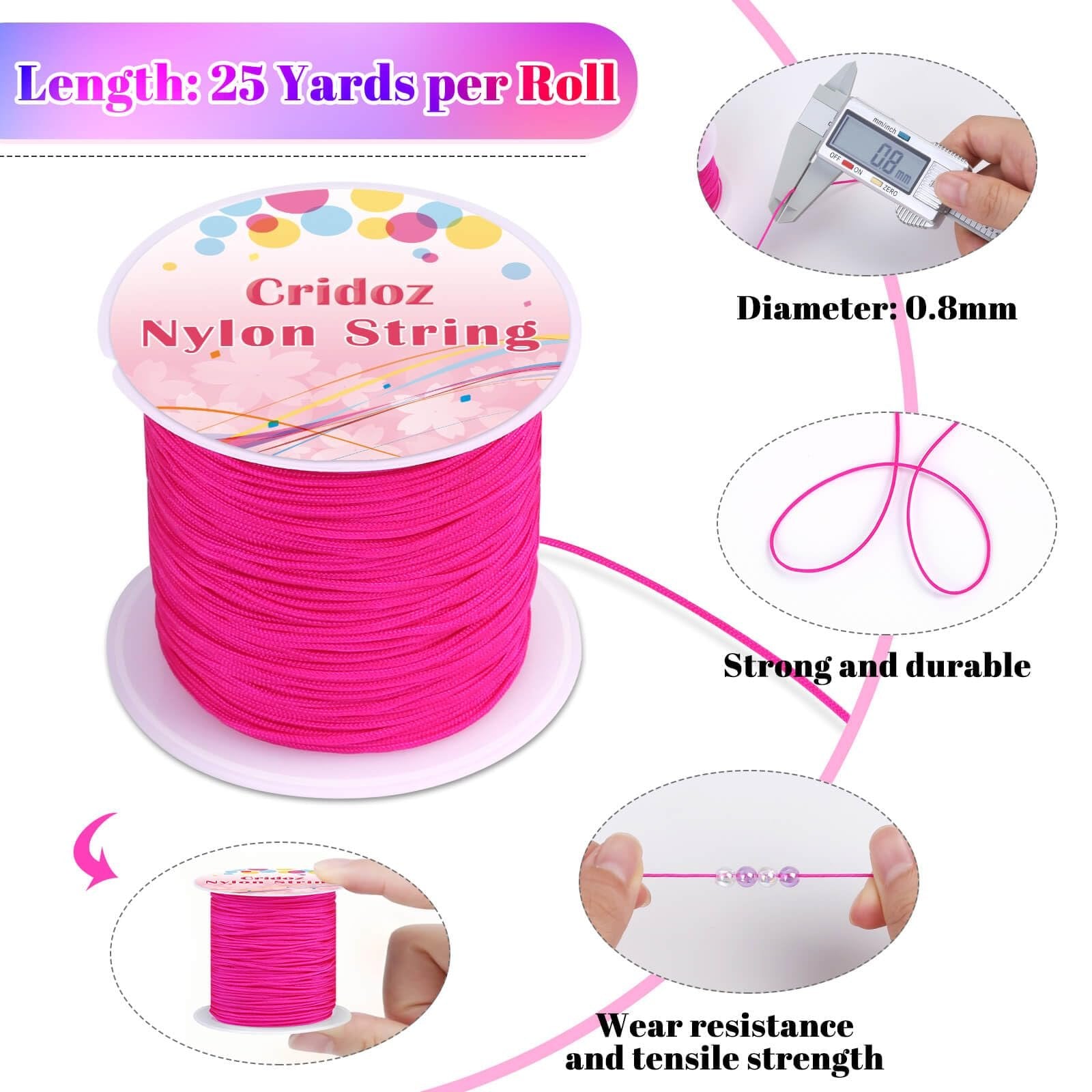 Spool of bright pink nylon knotting cord with various close-up views showing diameter, strength, and wear resistance.