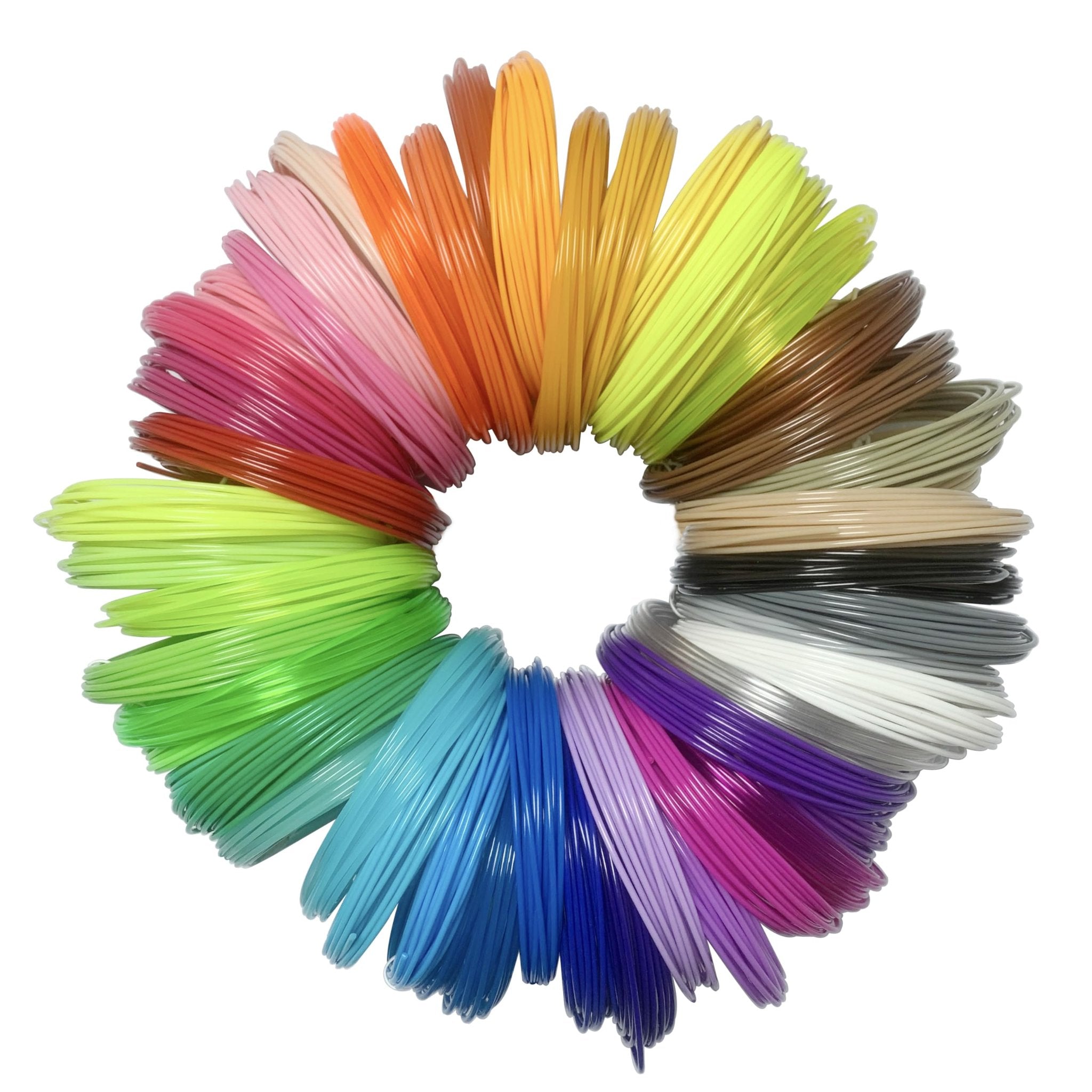 Circle arrangement of 20 spools of 1.75mm PLA 3D pen filament in random colors against a white background.