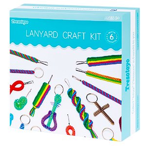 Lanyard craft kit box showing various colorful braided lanyards and keychain accessories, with branding.