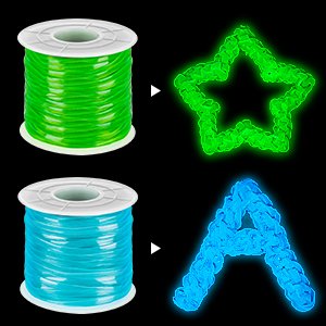 Two spools of plastic lacing cord shown next to a star and letter A made from the cord.