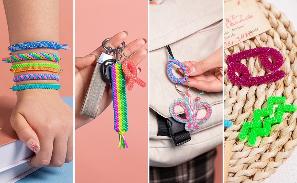 Collage of colorful plastic lacing cord crafts: bracelets on a wrist, keychain fobs, and zodiac signs.
