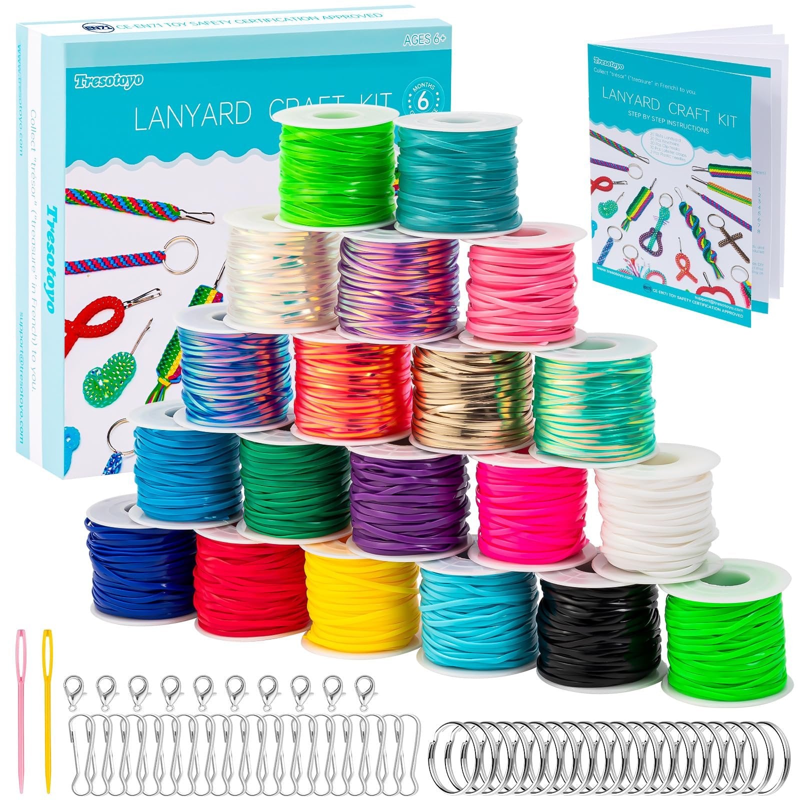 Lanyard craft kit with 20 spools of colorful cord, needles, keychain clips, and instruction booklet.