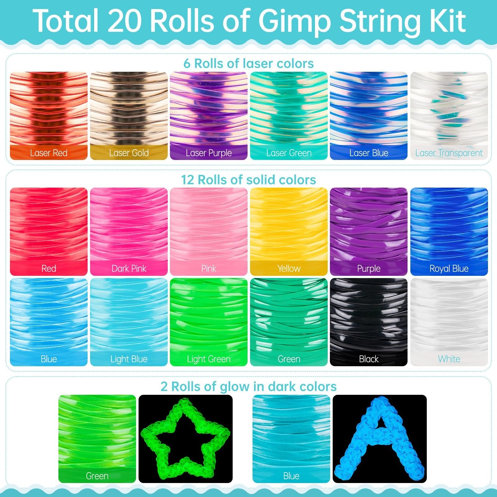 Assortment of 20 rolls of gimp string in various colors, including laser, solid, and glow-in-the-dark options.