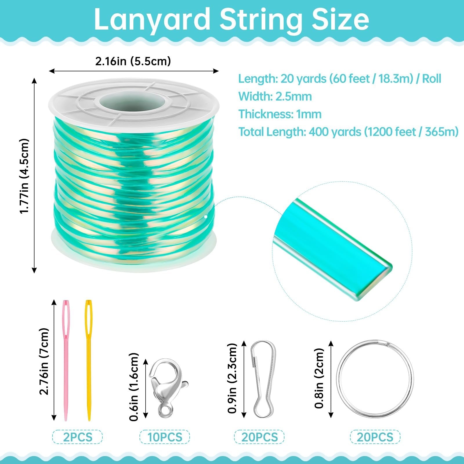 Lanyard string size chart showing a spool of iridescent teal cord with dimensions and close-up of cord, plus needles, lobster clasps, and key rings.