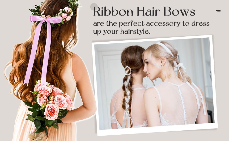 Woman wearing a floral crown with pink ribbons and holding a bouquet of roses; two women with braided hairstyles adorned with ribbons and pearls.