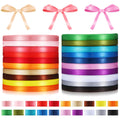 Stacks of rainbow satin ribbon in various colors, with ribbon bows at the top and color swatches at the bottom.