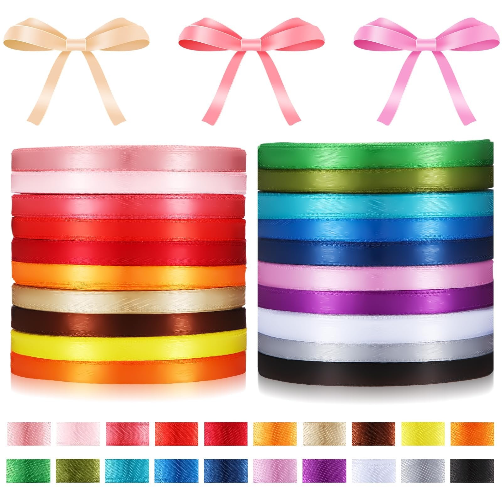 Stacks of rainbow satin ribbon in various colors, with ribbon bows at the top and color swatches at the bottom.