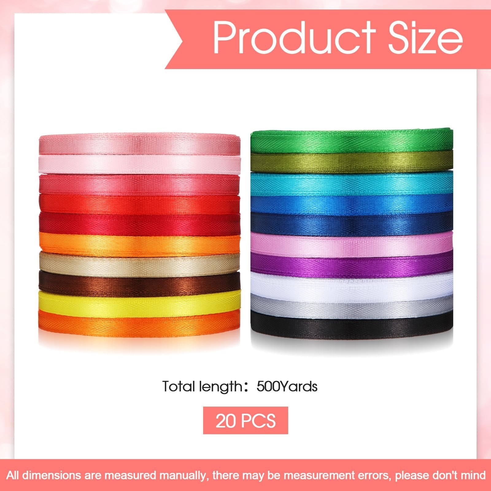 Stacks of rainbow satin ribbon rolls in various colors, showing product size information.