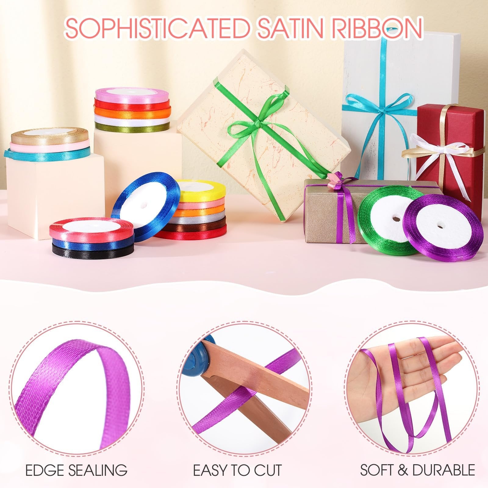 Assorted spools of rainbow satin ribbon displayed with gift-wrapped boxes, with close-ups showing edge sealing, cutting, and texture.