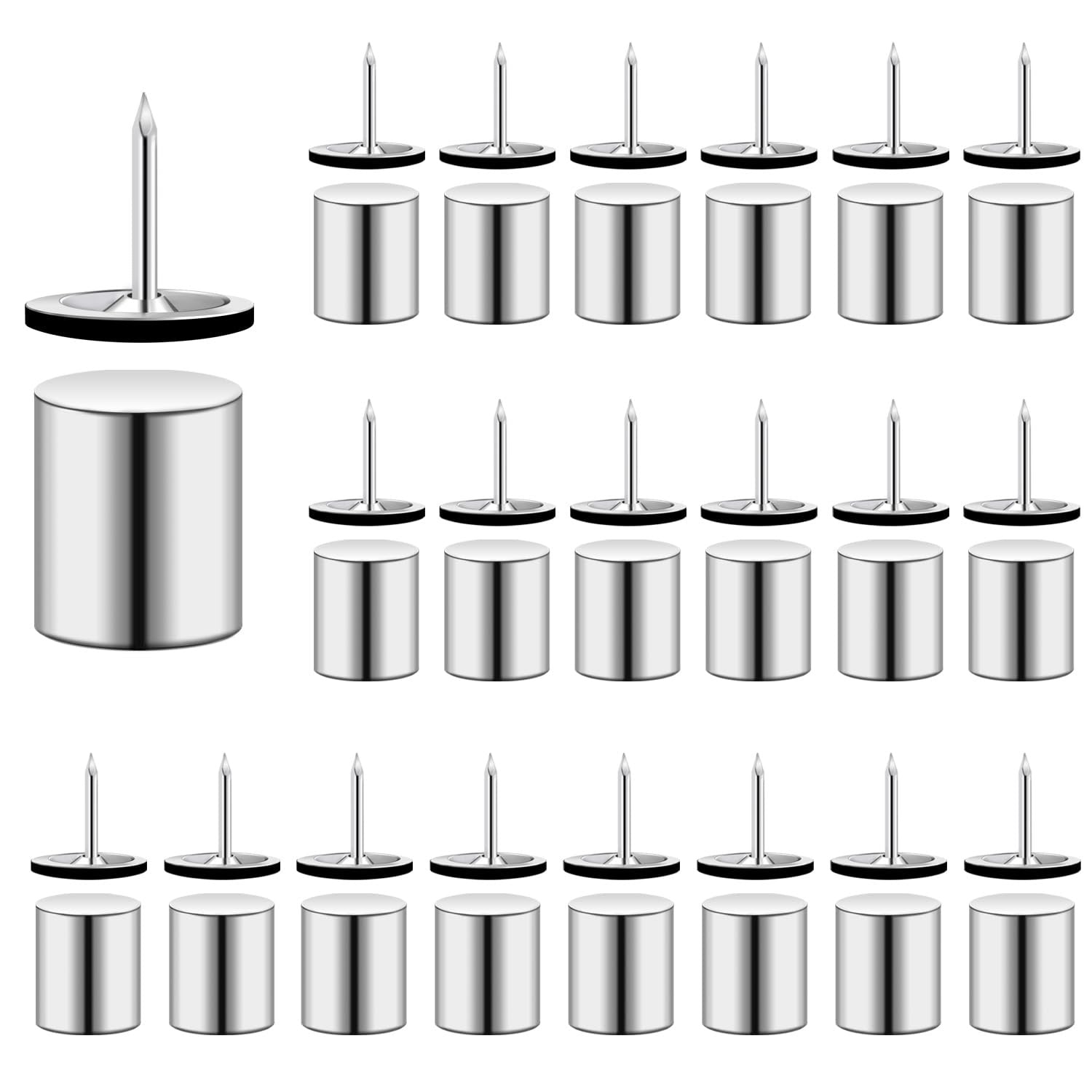 Silver cylindrical magnets and pushpins arranged in rows on a white background