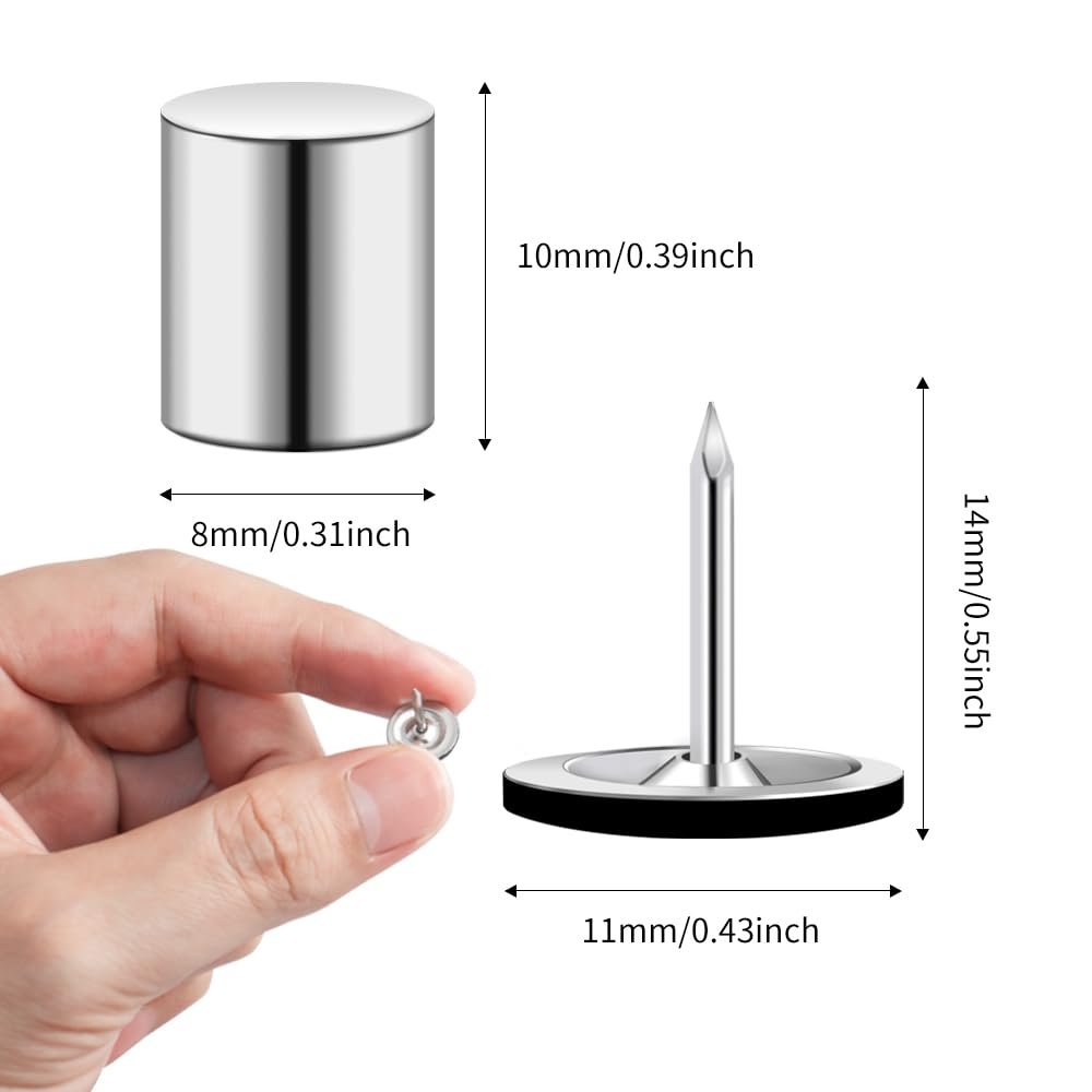 Hand holding a magnetic pushpin next to a cylindrical magnet and a thumbtack with dimensions shown.