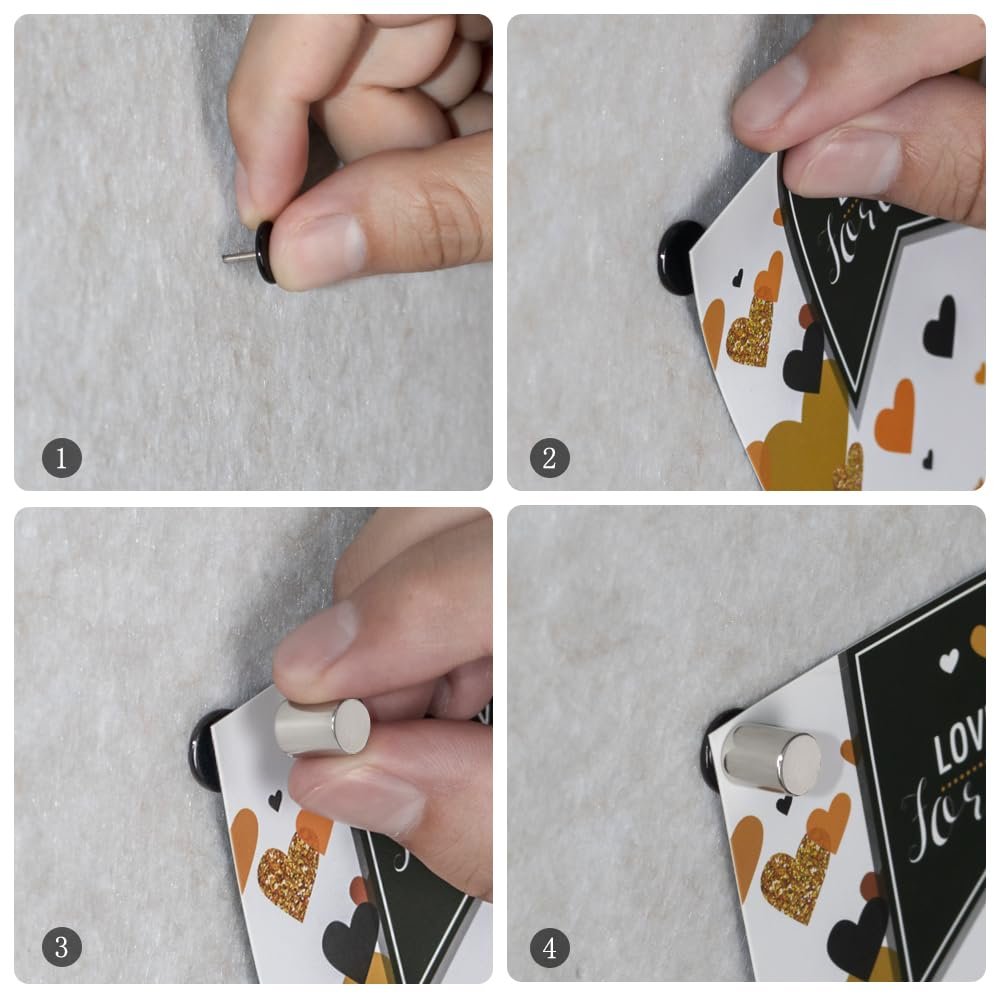 Collage showing how to use magnetic pushpins: inserting a thumbtack, attaching a card with a black magnetic cap, and attaching a card with a silver cylindrical magnet.
