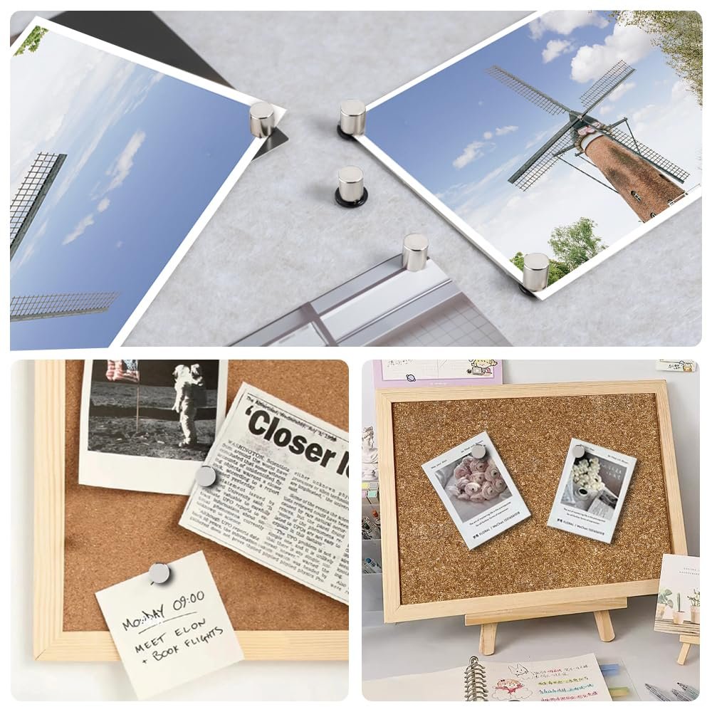 Collage of magnetic pushpins holding photos and notes on bulletin boards and surfaces.