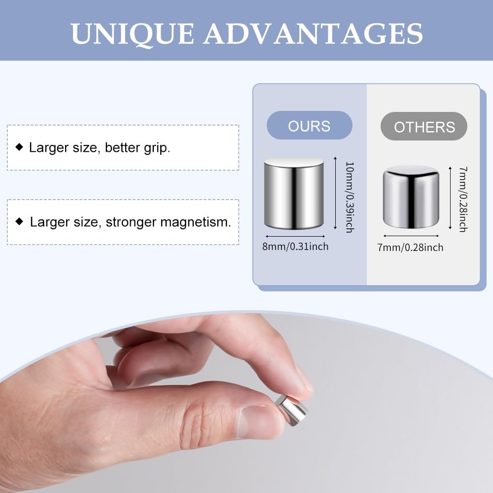 Comparison of cylindrical magnets showing size and dimensions, with a hand holding one magnet.
