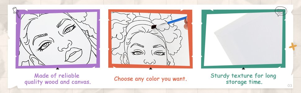 Three framed pre-drawn canvases showing a woman's face, one being painted, and a blank canvas for texture demonstration.