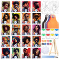Set of 20 pre-drawn canvas painting kits with art supplies including paints, brushes, aprons, palettes, and easels.