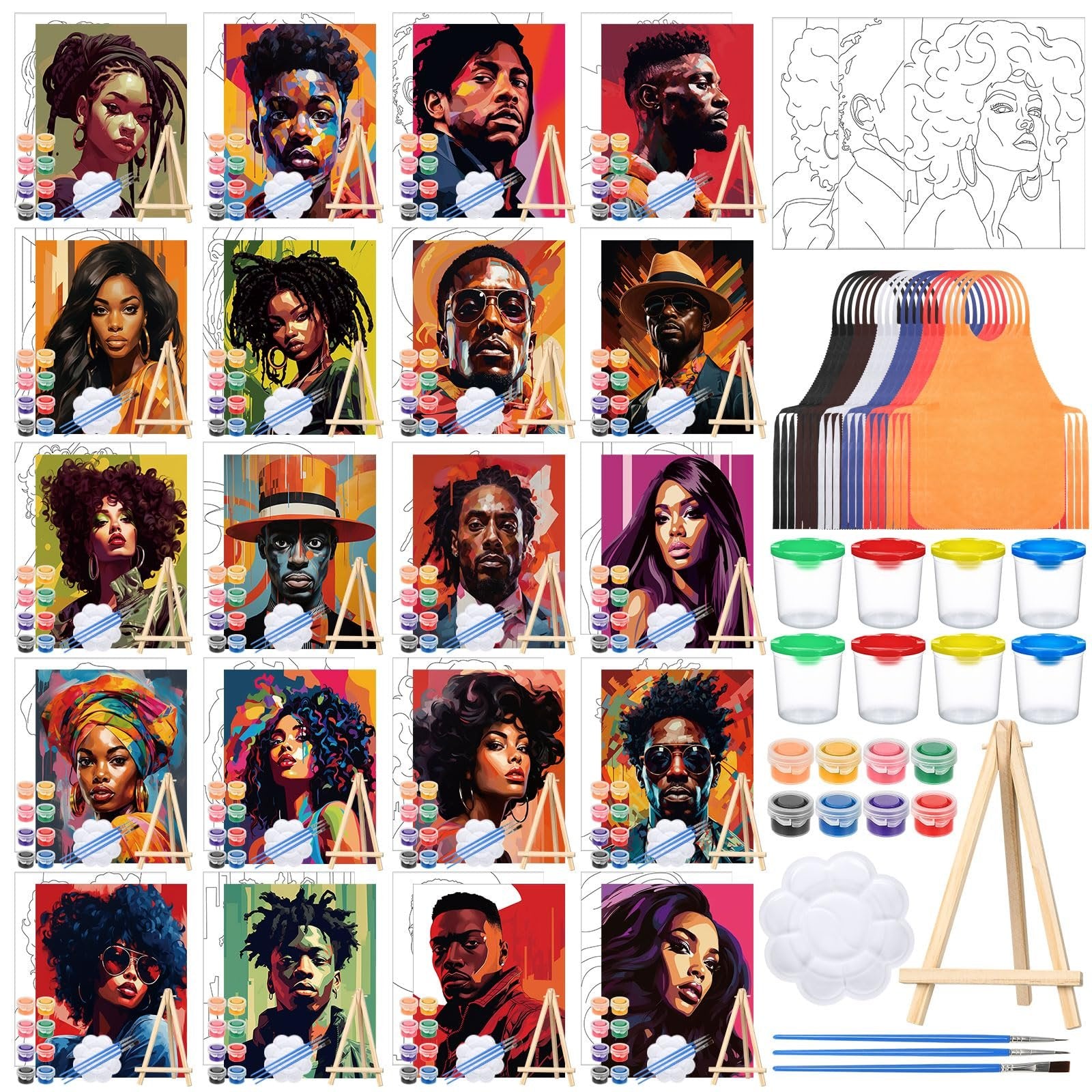 Set of 20 pre-drawn canvas painting kits with art supplies including paints, brushes, aprons, palettes, and easels.