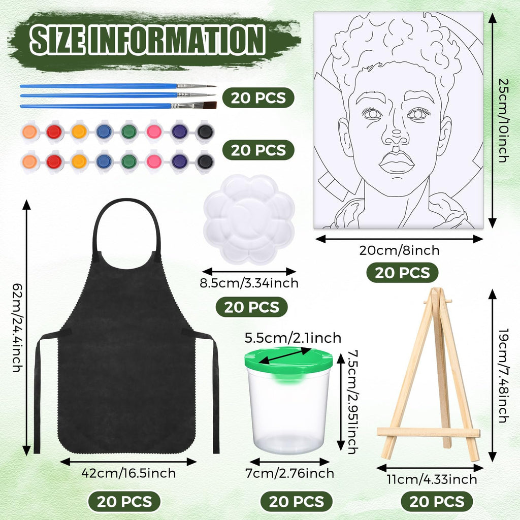 Painting kit contents with size information: brushes, paints, apron, palette, wash bucket, easel, and pre-drawn canvas.