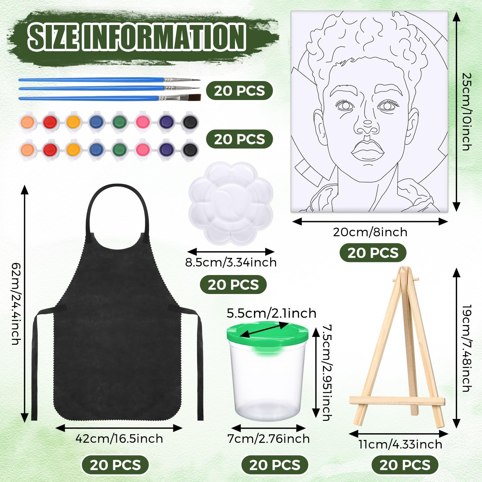 Painting kit contents with size information: brushes, paints, apron, palette, wash bucket, easel, and pre-drawn canvas.