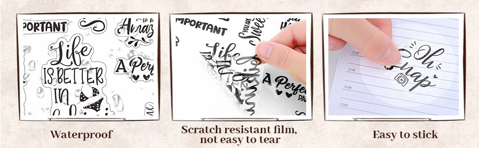 Collage of three images showing transparent PVC scrapbook stickers with inspirational words and phrases, demonstrating waterproof, scratch-resistant, and easy-to-stick features.