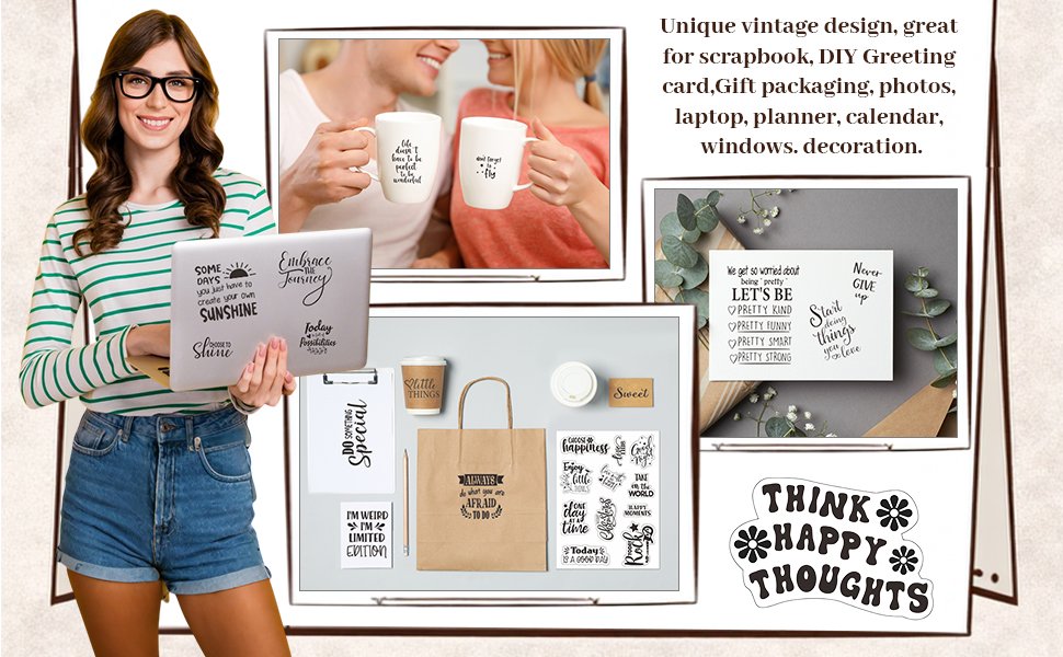 Collage of inspirational stickers and lifestyle images showing product use on laptops, mugs, and gift packaging.