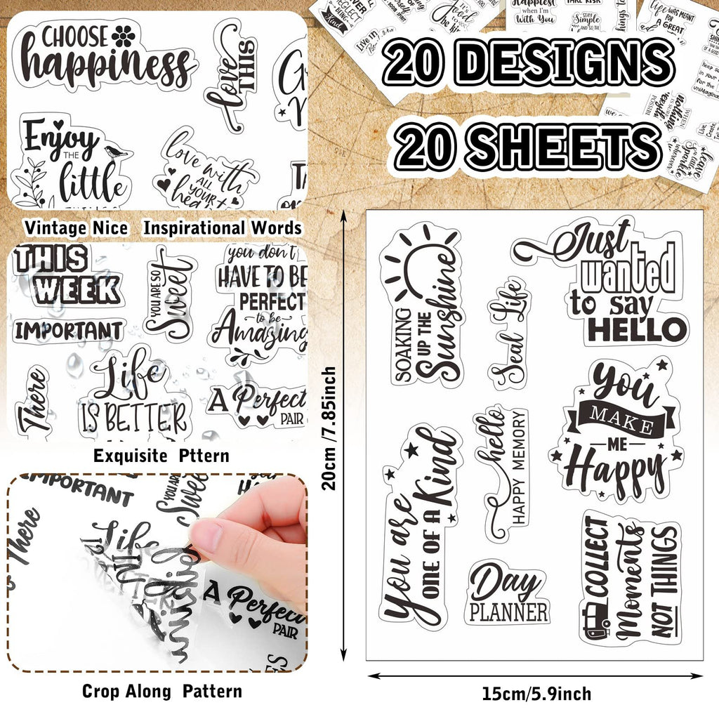 Collage of transparent PVC scrapbook stickers with inspirational words and phrases, showing various designs and a hand peeling one off.