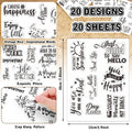 Collage of transparent PVC scrapbook stickers with inspirational words and phrases, showing various designs and a hand peeling one off.