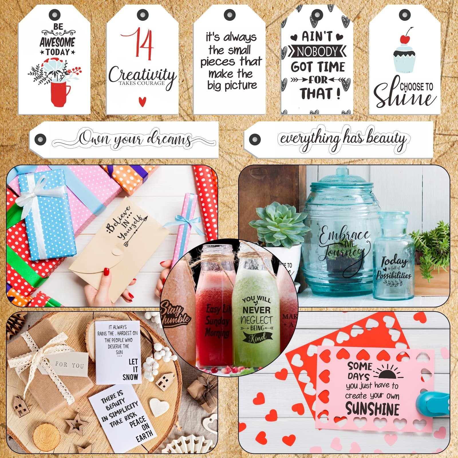 Collage of inspirational quotes and phrases on tags, bottles, and cards, with lifestyle images of gifts and drinks.