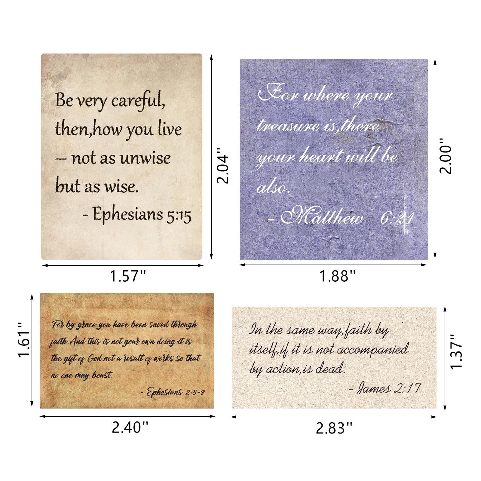 Four vintage-style Bible verse stickers with dimensions shown, featuring different scriptures and fonts.
